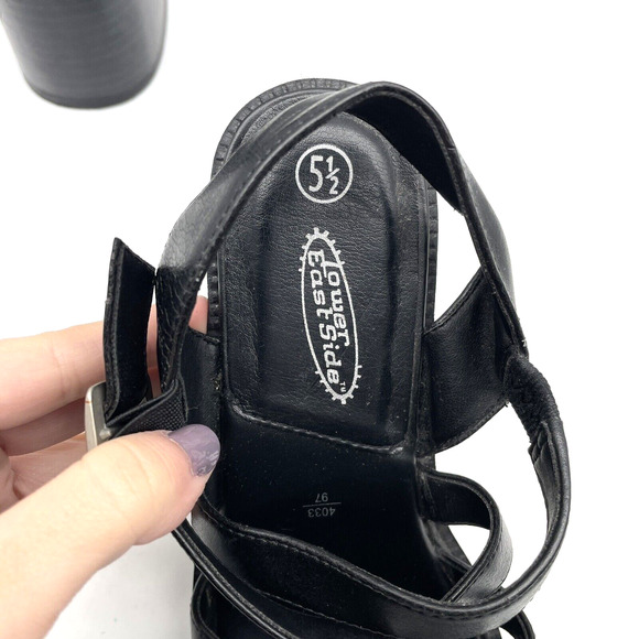 Vintage 90s Y2K Lower East Side Black Faux Leather Strappy Block Heel Sandal 5.5 - Picture 13 of 16